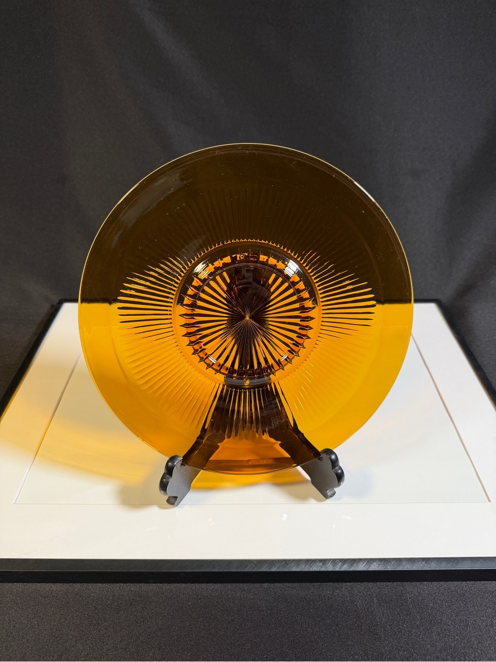 1920s  Heisey Starburst Amber Glass Dinner Chop Plate Harvey Pattern Honey Gold